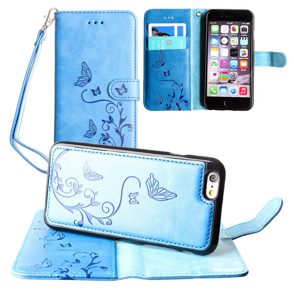 Apple iPhone 8 -  Embossed Butterfly Design Wallet Case with Detachable Matching Case and Wristlet, Teal Blue