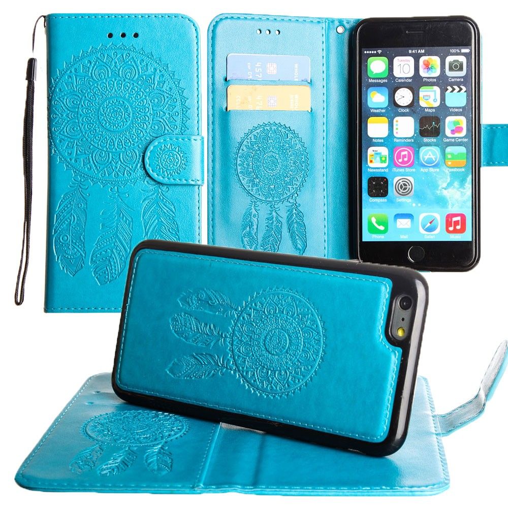 Apple iPhone 8 -  Embossed Dream Catcher Design Wallet Case with Detachable Matching Case and Wristlet, Teal