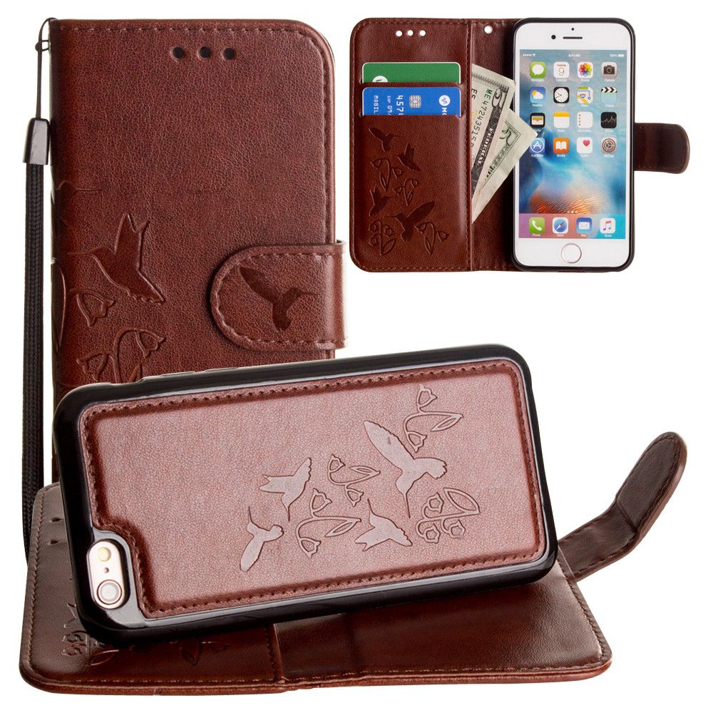 Apple iPhone 8 -  Embossed Humming Bird Design Wallet Case with Matching Removable Case and Wristlet, Brown