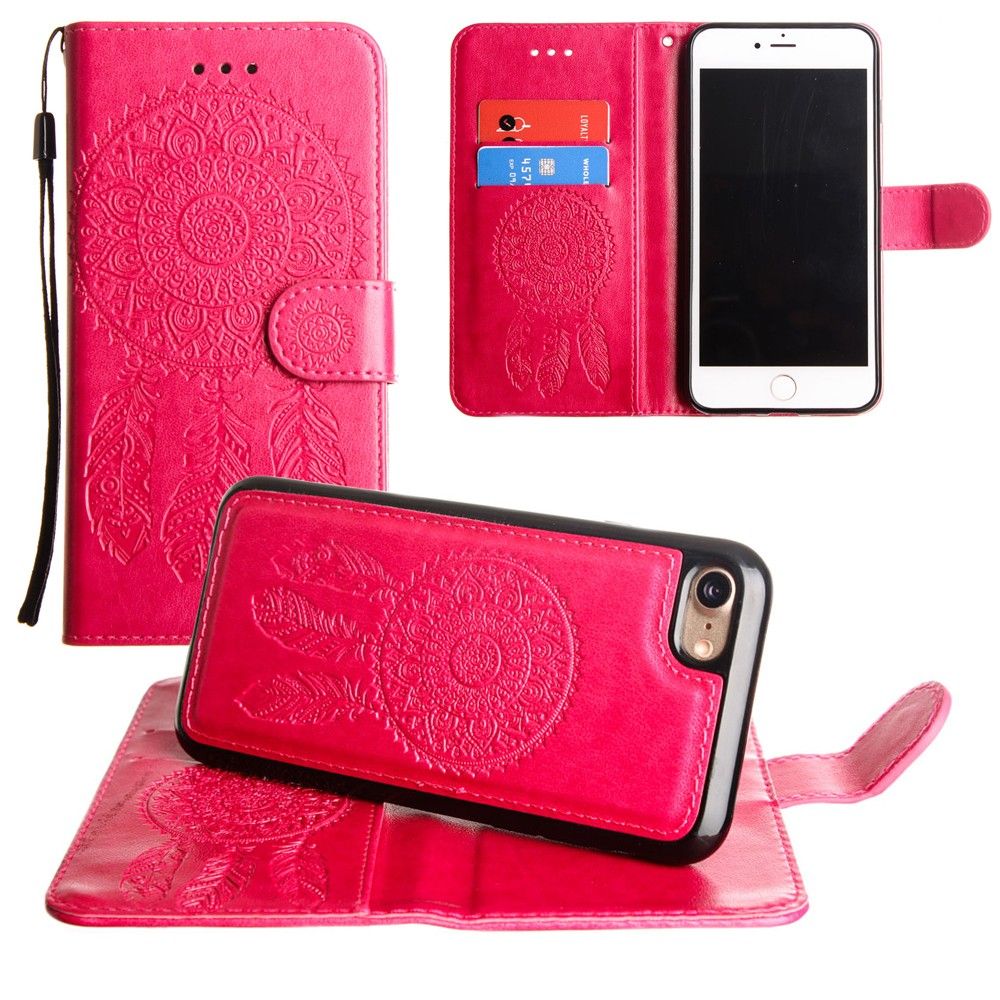 Apple iPhone 8 -  Embossed Dream Catcher Design Wallet Case with Detachable Matching Case and Wristlet, Pink