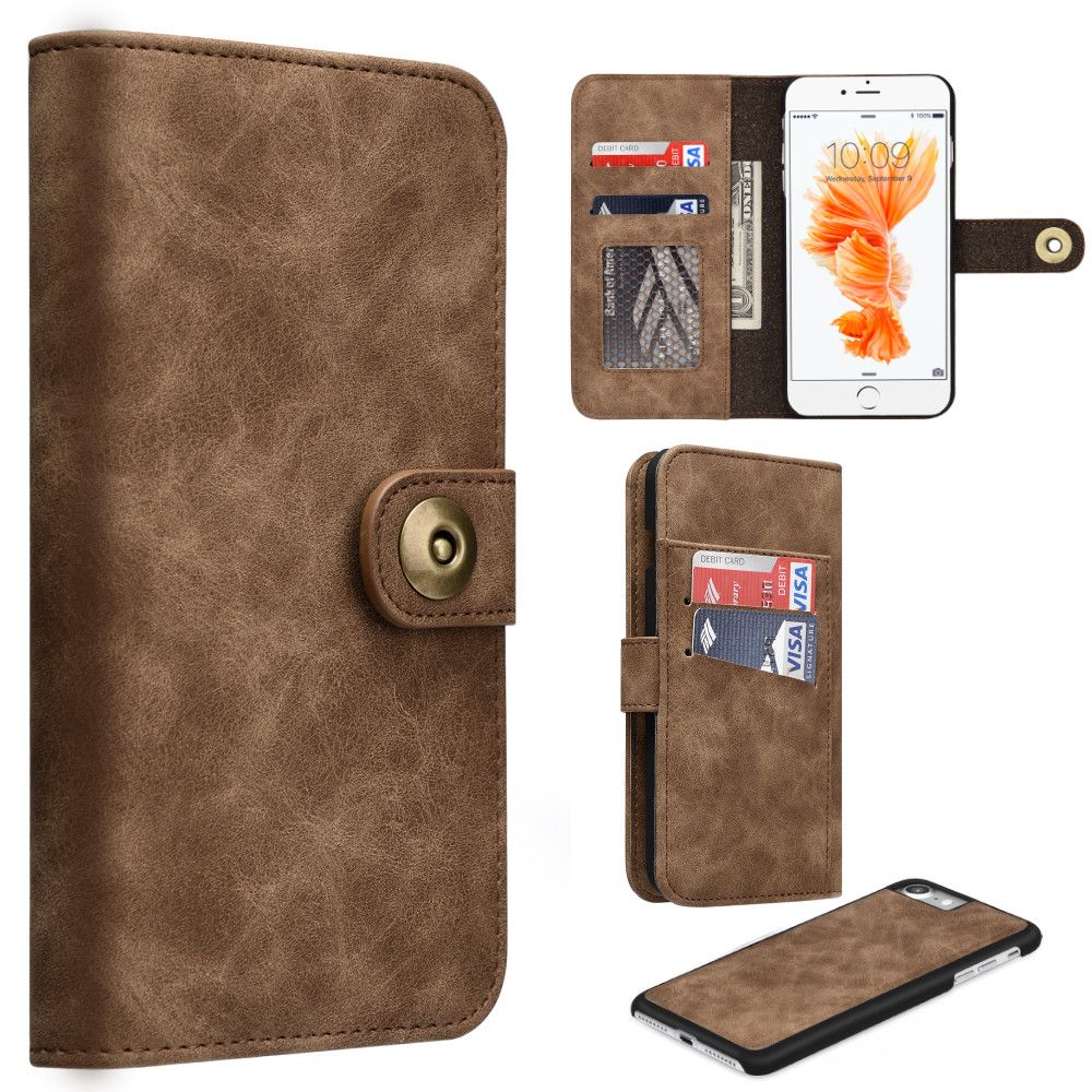 Apple iPhone 8 -  Luxury Button Snap Soft Leather Wallet with Matching Removable Phone Case, Brown