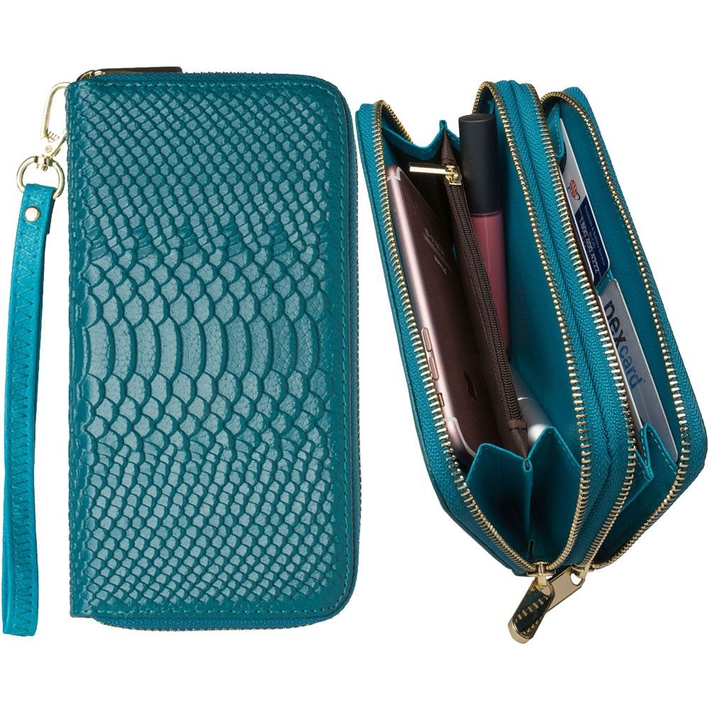 Apple iPhone 8 -  Genuine Leather Hand-Crafted Snake-Skin Double Zipper Clutch Wallet, Turquoise