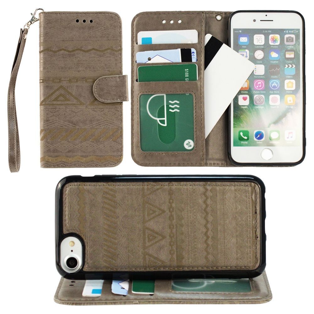 Apple iPhone 8 -  Aztec tribal laser-cut wallet with detachable matching slim case and wristlet, Gray