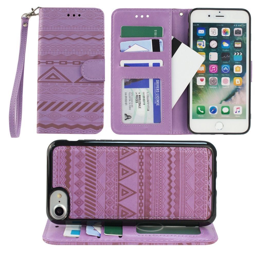 Apple iPhone 8 -  Aztec tribal laser-cut wallet with detachable matching slim case and wristlet, Lavender
