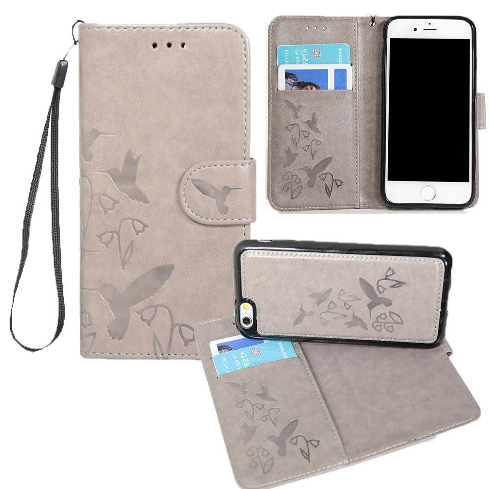 Apple iPhone 8 -  Embossed Humming Bird Design Wallet Case with Matching Removable Case and Wristlet, Gray