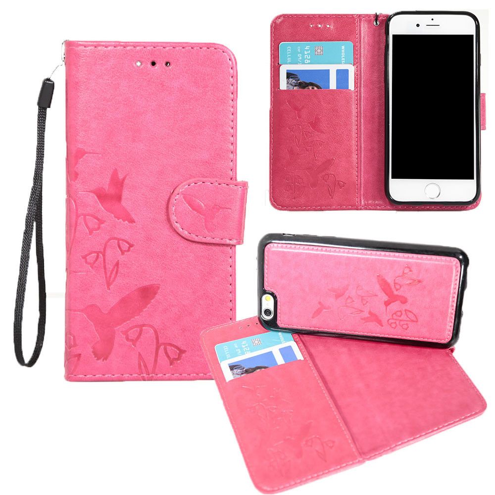 Apple iPhone 8 -  Embossed Humming Bird Design Wallet Case with Matching Removable Case and Wristlet, Hot Pink