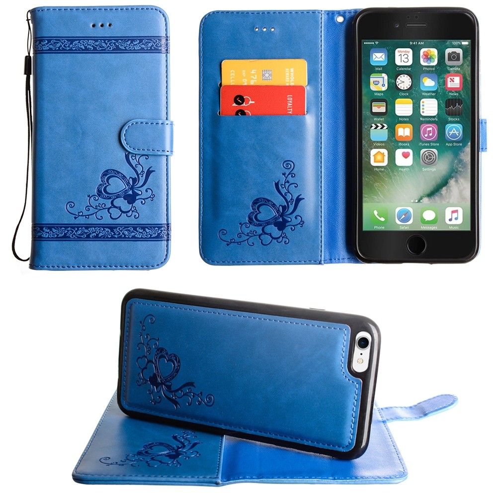 Apple iPhone 8 -  Embossed heart vine design wallet case with detachable matching case, Blue