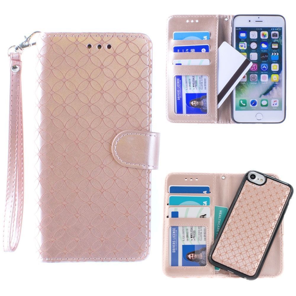 Apple iPhone 8 -  Diamond pattern laser-cut wallet with detachable matching slim case and wristlet, Rose Gold