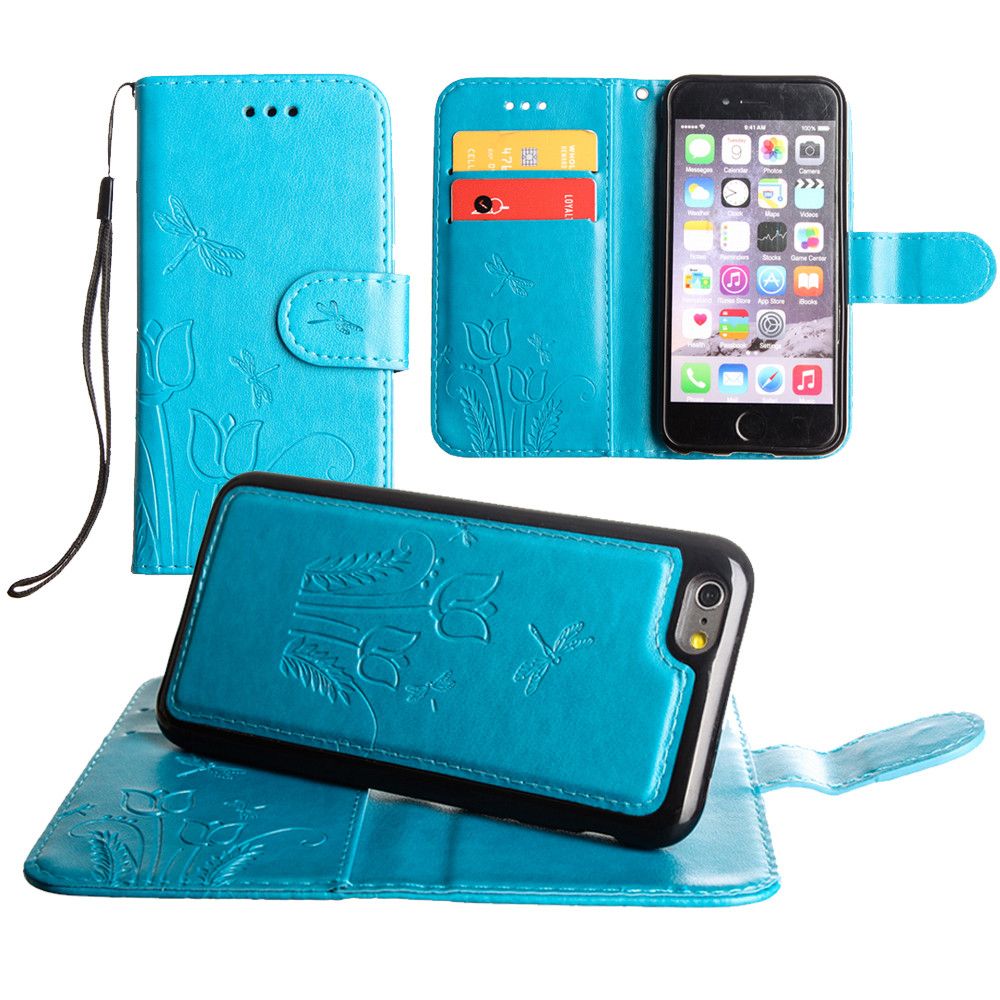 Apple iPhone 8 -  Embossed dragonfly over tulip design wallet case with Matching detachable magnetic case and wristlet, Teal