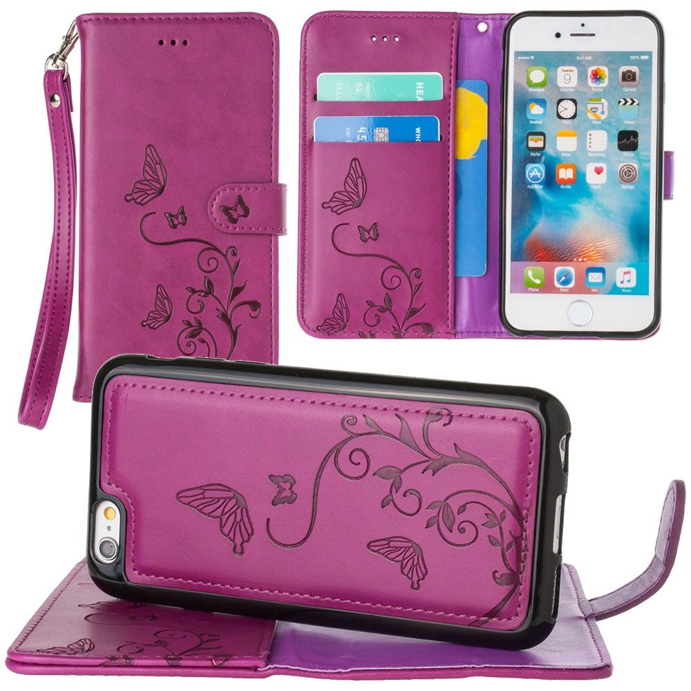 Apple iPhone 8 -  Embossed Butterfly Design Wallet Case with Detachable Matching Case and Wristlet, Magenta