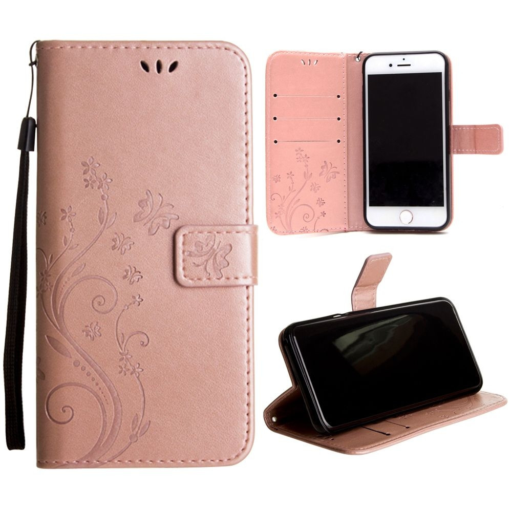 Apple iPhone 8 -  Embossed Butterfly Design Leather Folding Wallet Case with Wristlet, Rose Gold