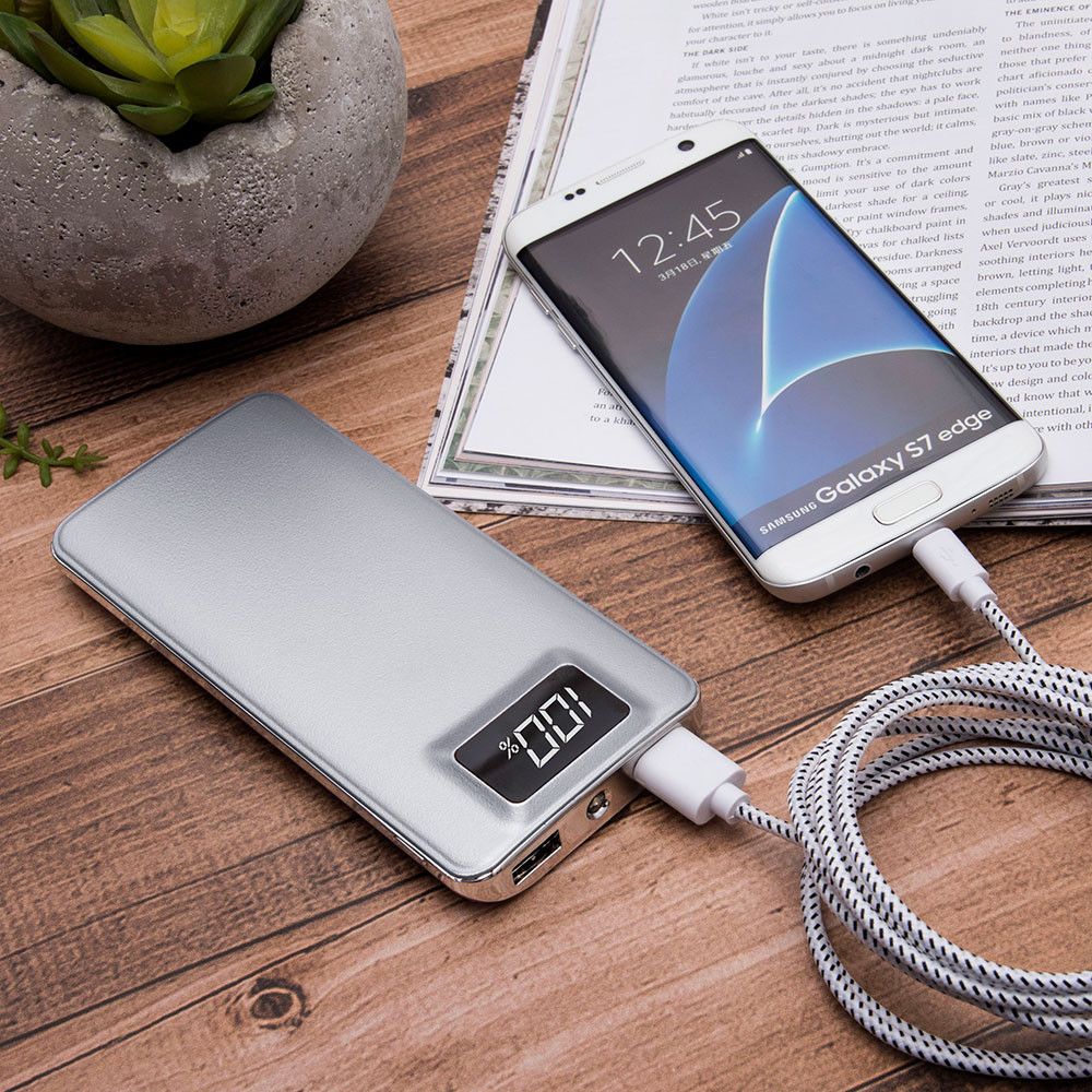 Apple iPhone 8 -  10,000 mAh Slim Portable Battery Charger/Powerbank with 2 USB Ports, LCD Display and Flashlight, Silver