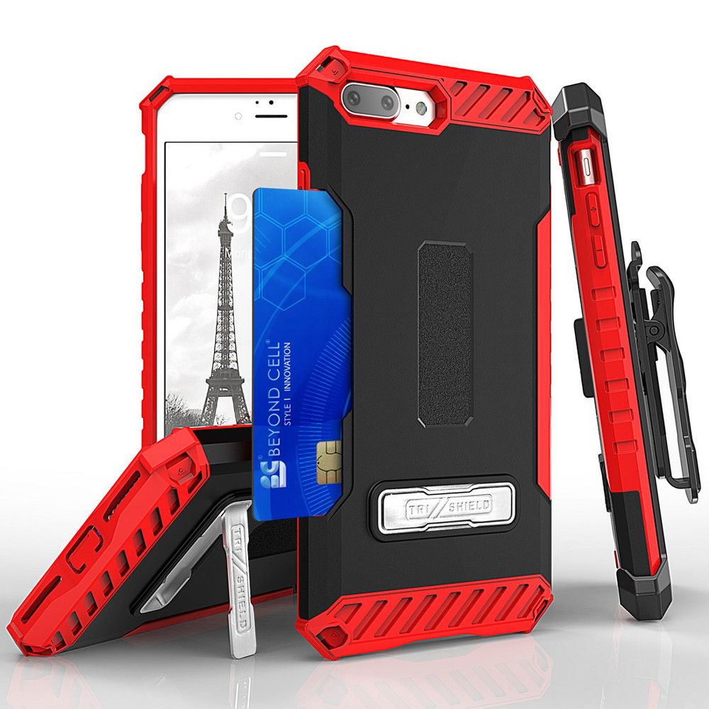 Apple iPhone 7 Plus -  Tri Shield Kombo Rugged Case with Holster and Card Holder, Black/Red