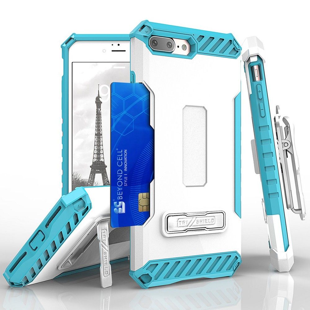 Apple iPhone 7 Plus - Tri Shield Kombo Rugged Case with Holster and Card Holder, White/Light Blue