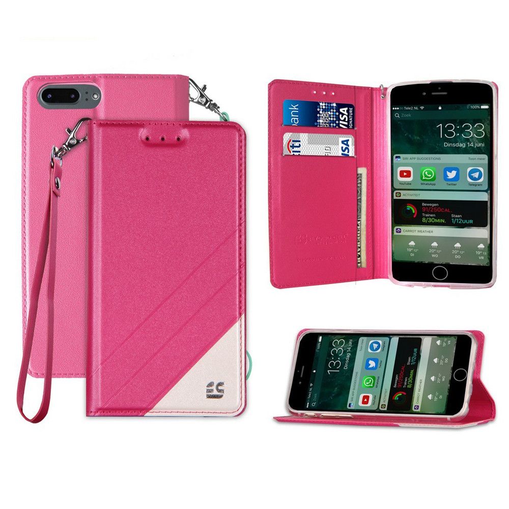 Apple iPhone 7 Plus - Infolio Leather Folding Wallet Phone Case with Wristlets, Hot Pink/Clear
