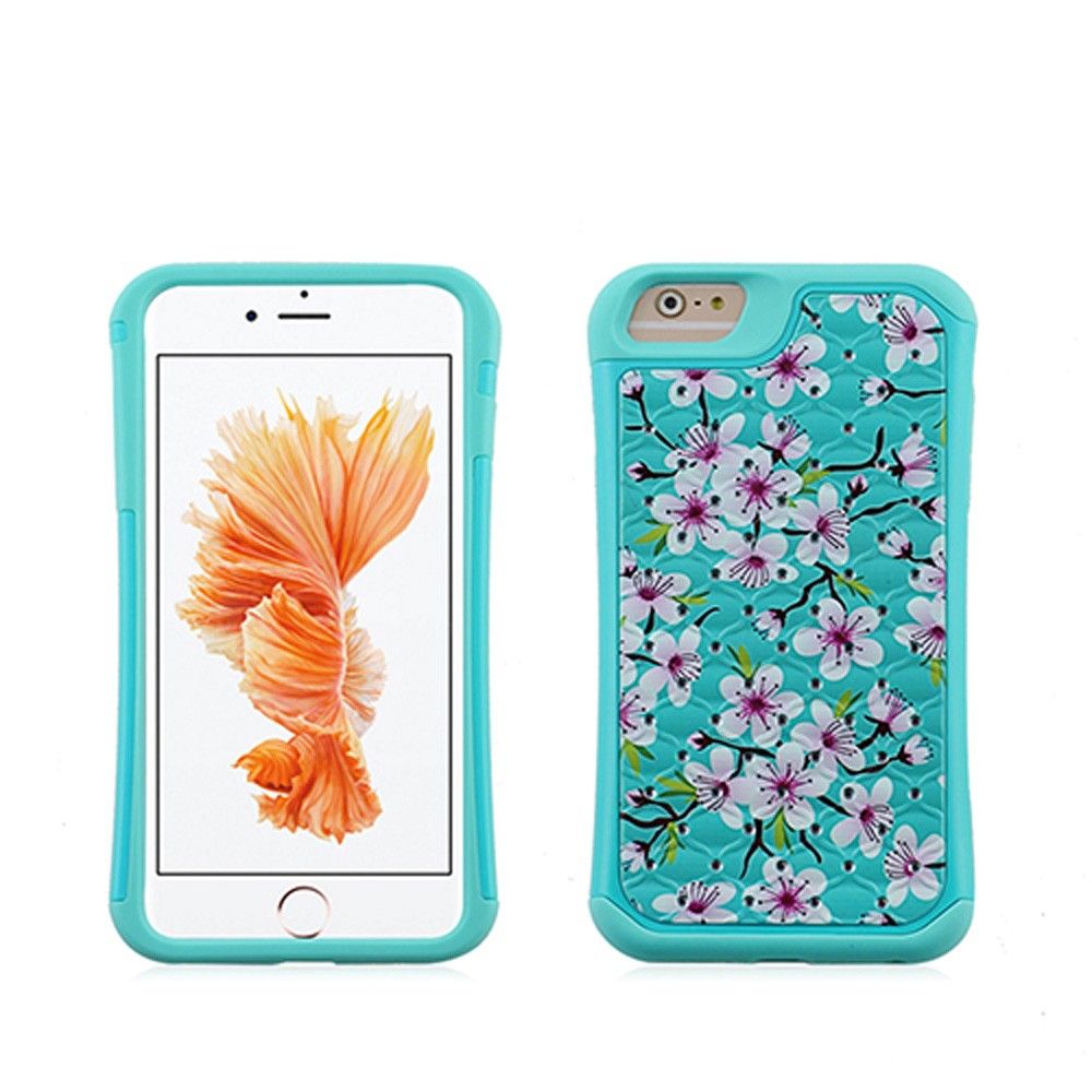 Apple iPhone 7 Plus - Cherry Blossoms Studded Diamond Rugged Case, Teal