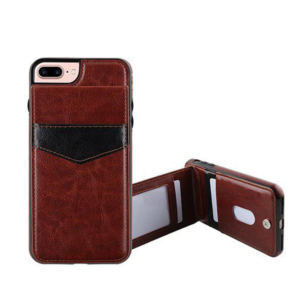 Apple iPhone 7 Plus - Leather Case with Back Flip Card Slot and Stand, Brown/Black