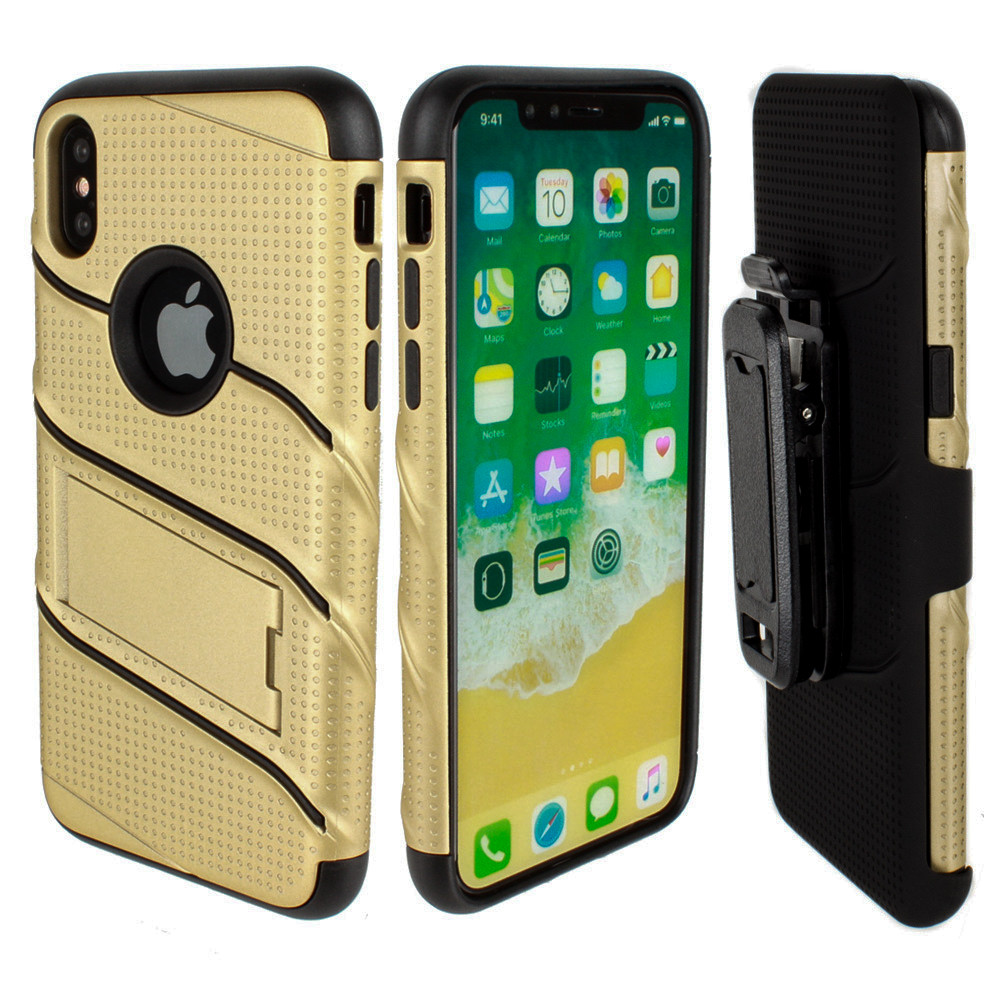 Apple iPhone X - RoBolt Heavy-Duty Rugged Case and Holster Combo, Gold/Black