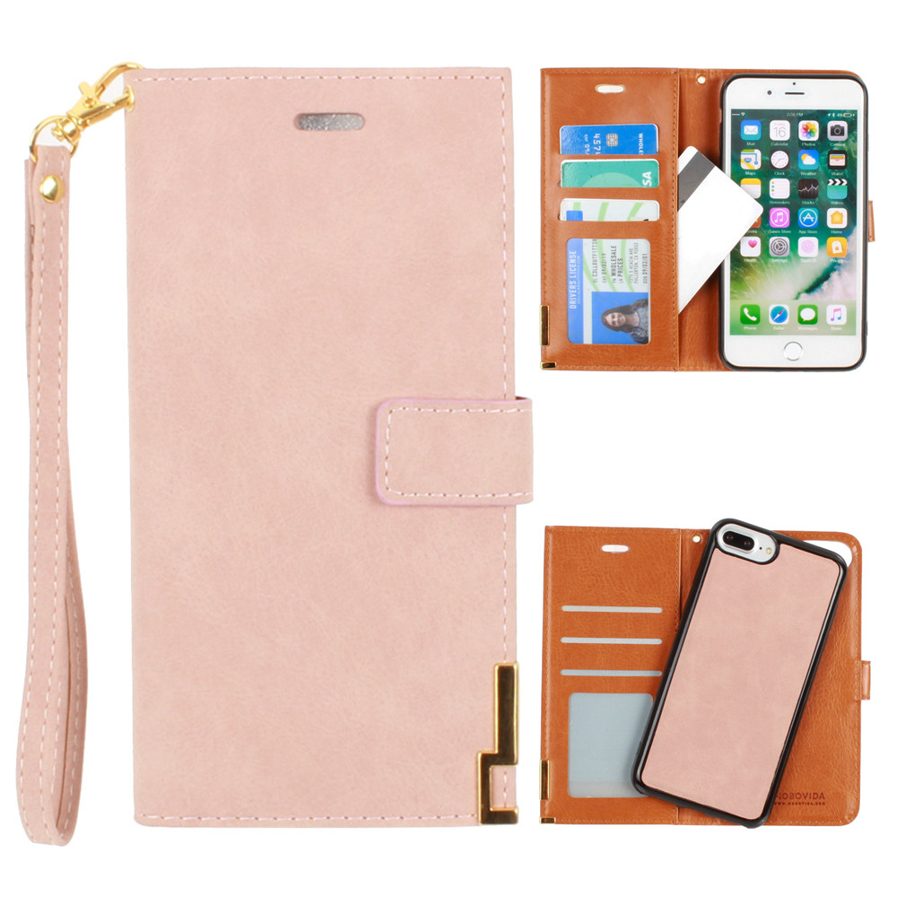 Apple iPhone 7 Plus -  Ultrasuede metal trimmed wallet with removable slim case and  wristlet, Taupe