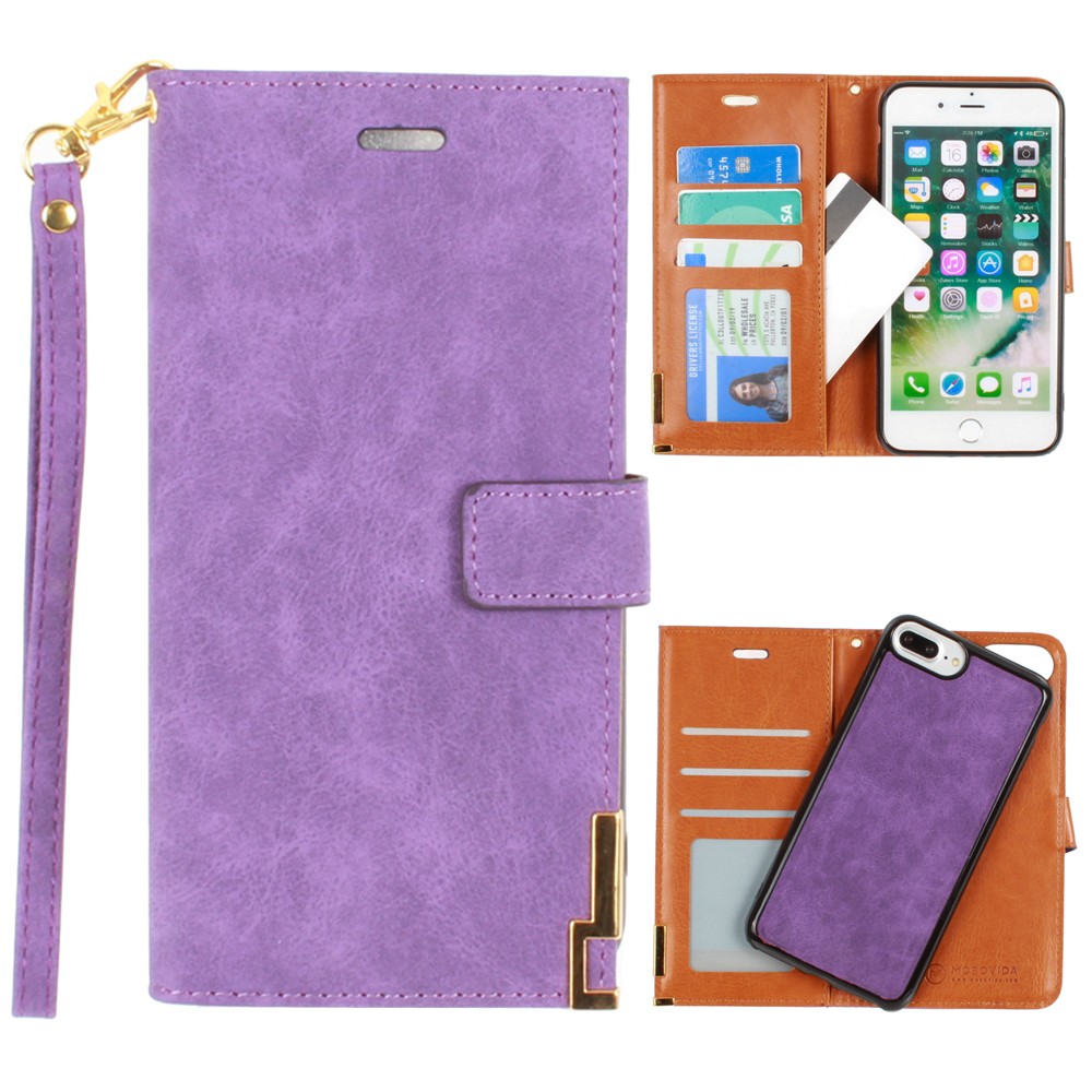 Apple iPhone 7 Plus -  Ultrasuede metal trimmed wallet with removable slim case and  wristlet, Purple