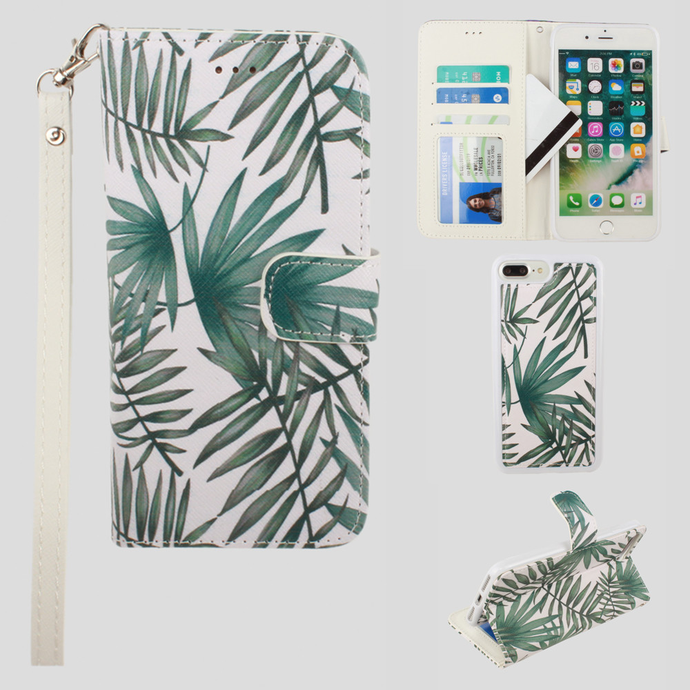 Apple iPhone 7 Plus -  Palm Leaves Printed Wallet with Matching Detachable Slim Case and Wristlet, White/Green