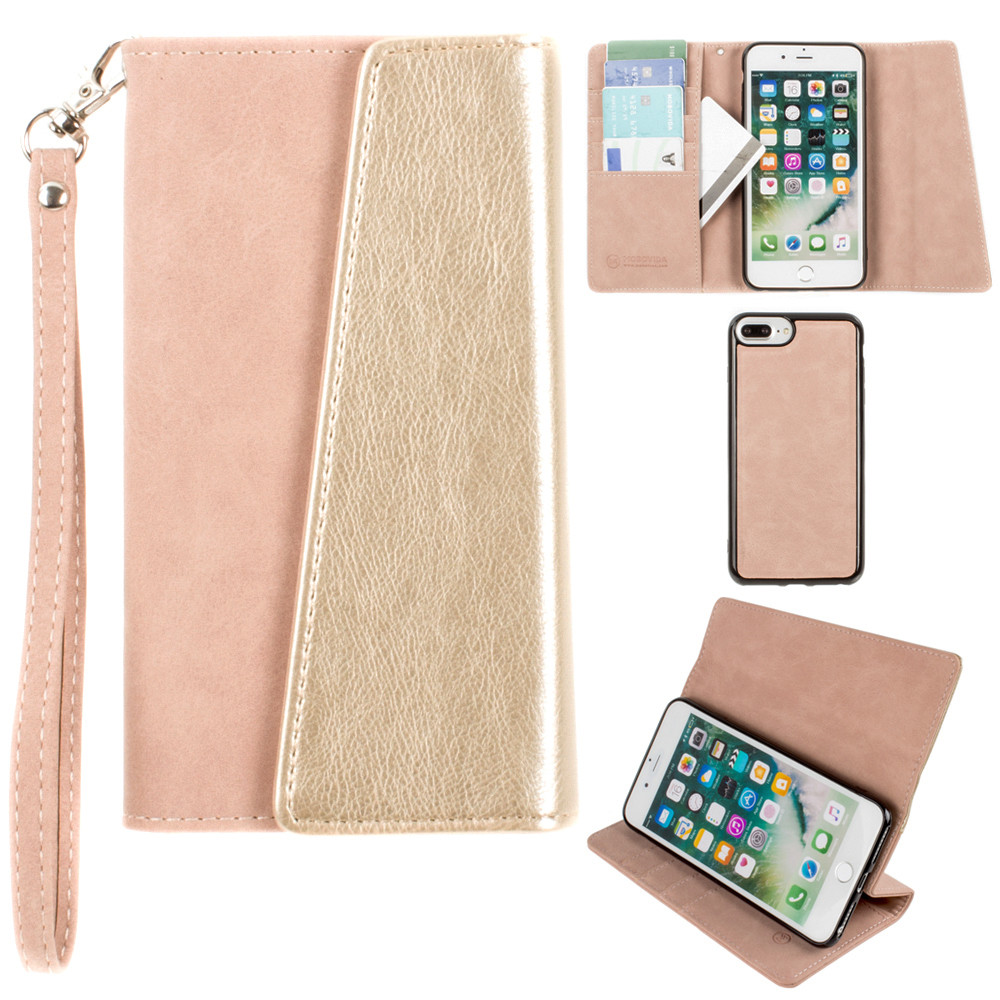 Apple iPhone 7 Plus -  UltraSuede Metallic Color Block Flap Wallet with Matching detachable Case and strap, Dusty Pink/Gold