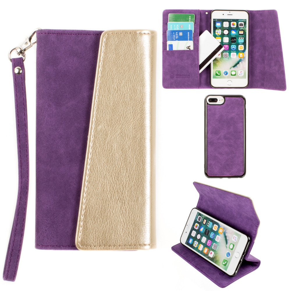 Apple iPhone 7 Plus -  UltraSuede Metallic Color Block Flap Wallet with Matching detachable Case and strap, Purple/Gold