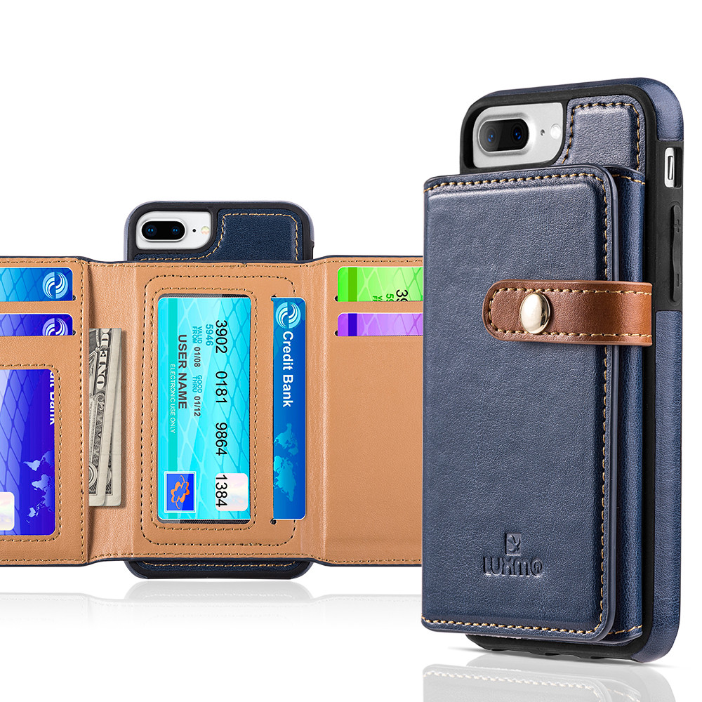Apple iPhone 7 Plus -  Vegan Leather Case with Stitched-on Tri-fold Wallet, Navy Blue/Brown