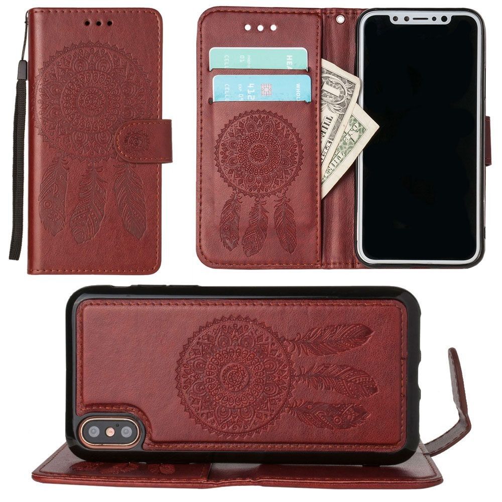 Apple iPhone X - Embossed Dream Catcher Design Wallet Case with Detachable Matching Case and Wristlet, Brown