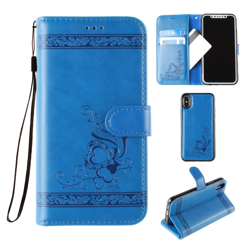 Apple iPhone X - Embossed heart vine design wallet case with detachable matching case, Blue