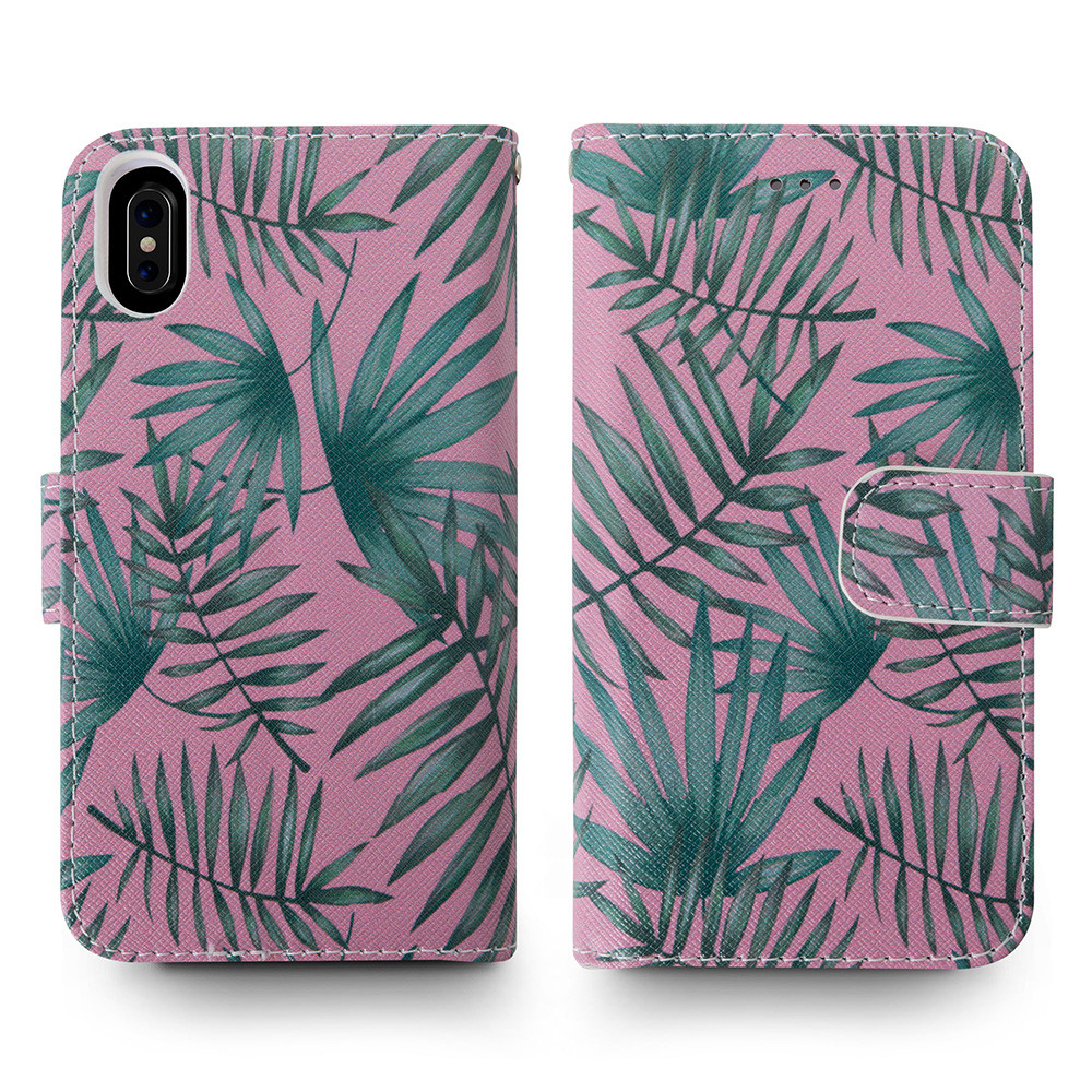 Apple iPhone X - Palm Leaves Printed Wallet with Matching Detachable Slim Case and Wristlet, Pink/Green
