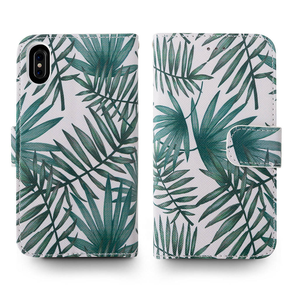 Apple iPhone X - Palm Leaves Printed Wallet with Matching Detachable Slim Case and Wristlet, White/Green