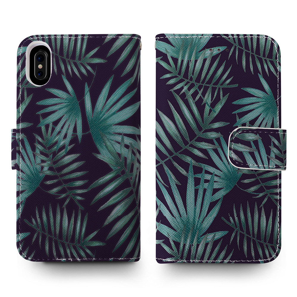 Apple iPhone X - Palm Leaves Printed Wallet with Matching Detachable Slim Case and Wristlet, Navy Blue/Green