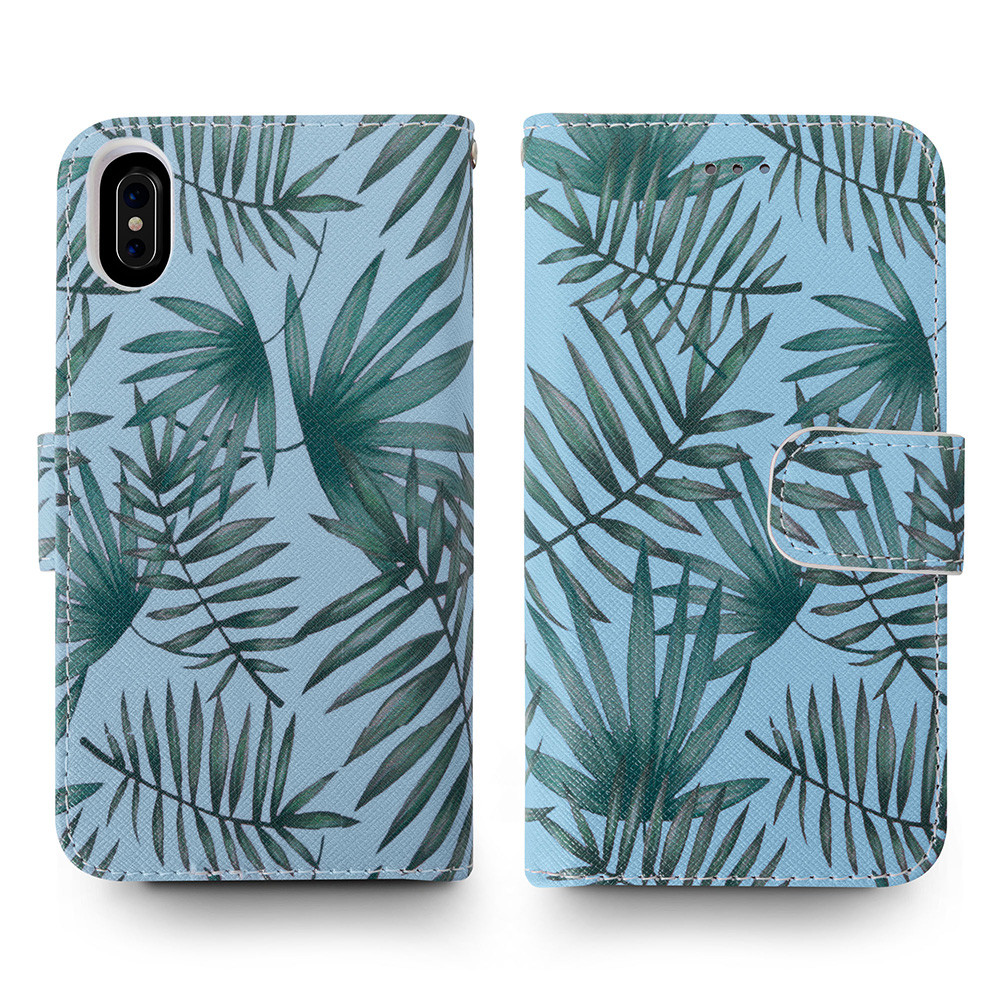 Apple iPhone X - Palm Leaves Printed Wallet with Matching Detachable Slim Case and Wristlet, Light Blue/Green