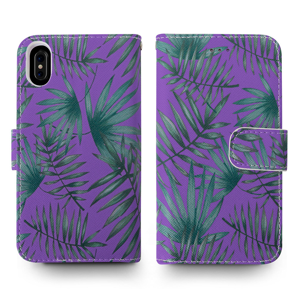 Apple iPhone X - Palm Leaves Printed Wallet with Matching Detachable Slim Case and Wristlet, Purple/Green