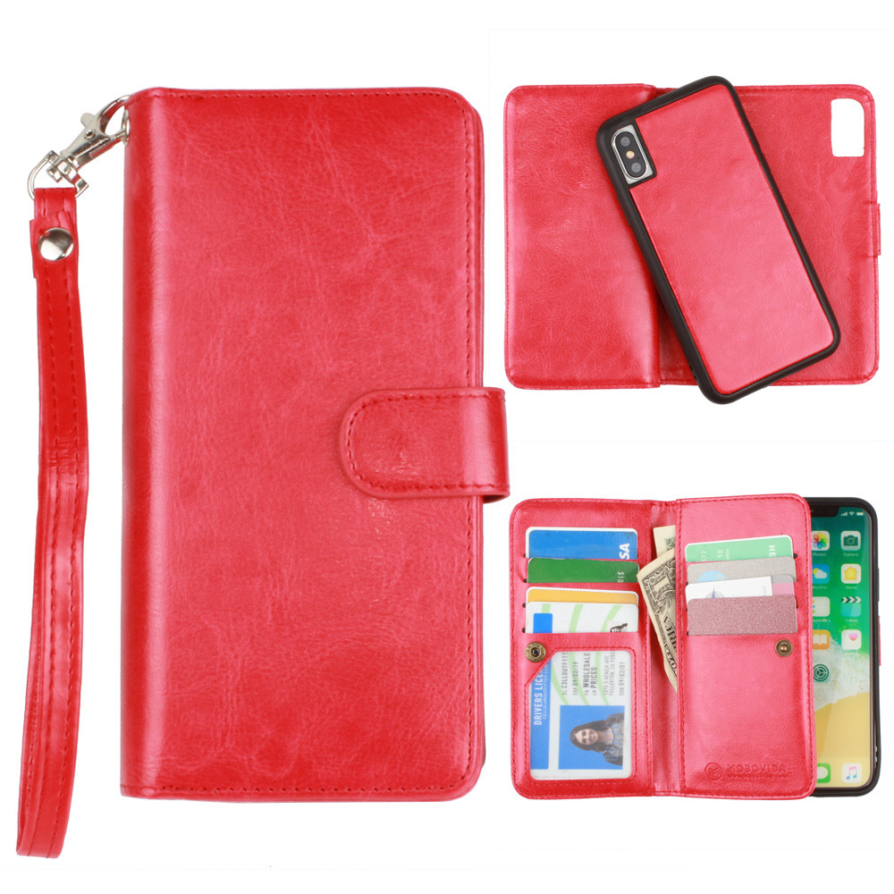 Apple iPhone X - Multi-Card Slot Wallet Case with Matching Detachable Case and Wristlet, Red