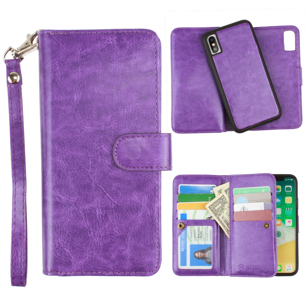 Apple iPhone X - Multi-Card Slot Wallet Case with Matching Detachable Case and Wristlet, Purple