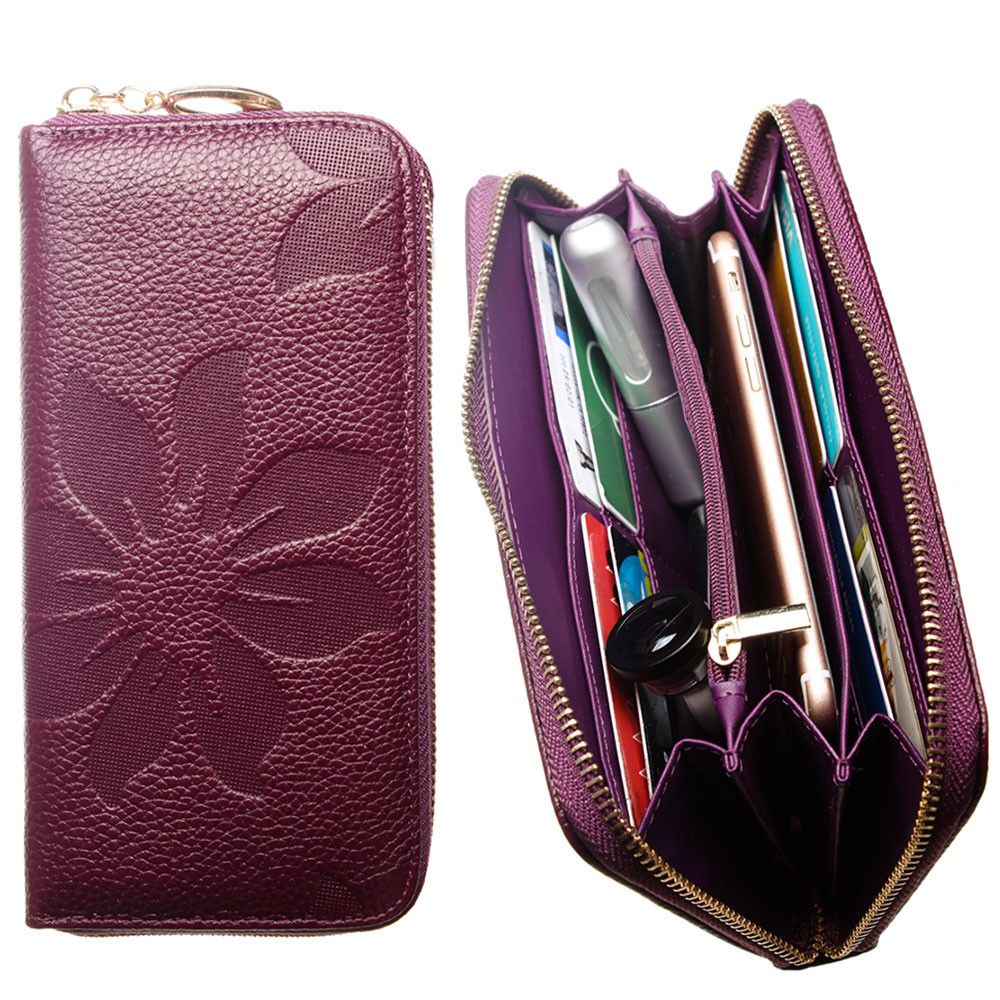 Apple iPhone 7 Plus -  Genuine Leather Embossed Flower Design Clutch, Purple