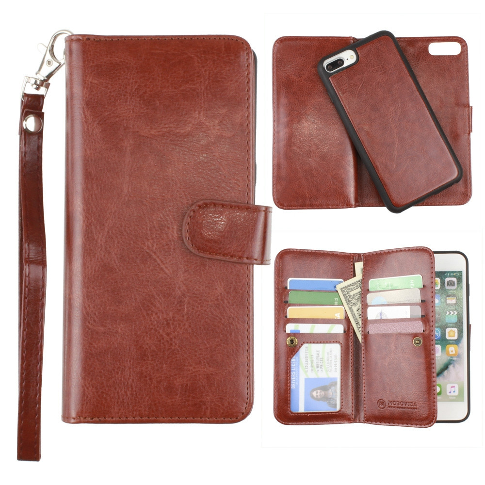 Apple iPhone 7 Plus -  Multi-Card Slot Wallet Case with Matching Detachable Case and Wristlet, Brown