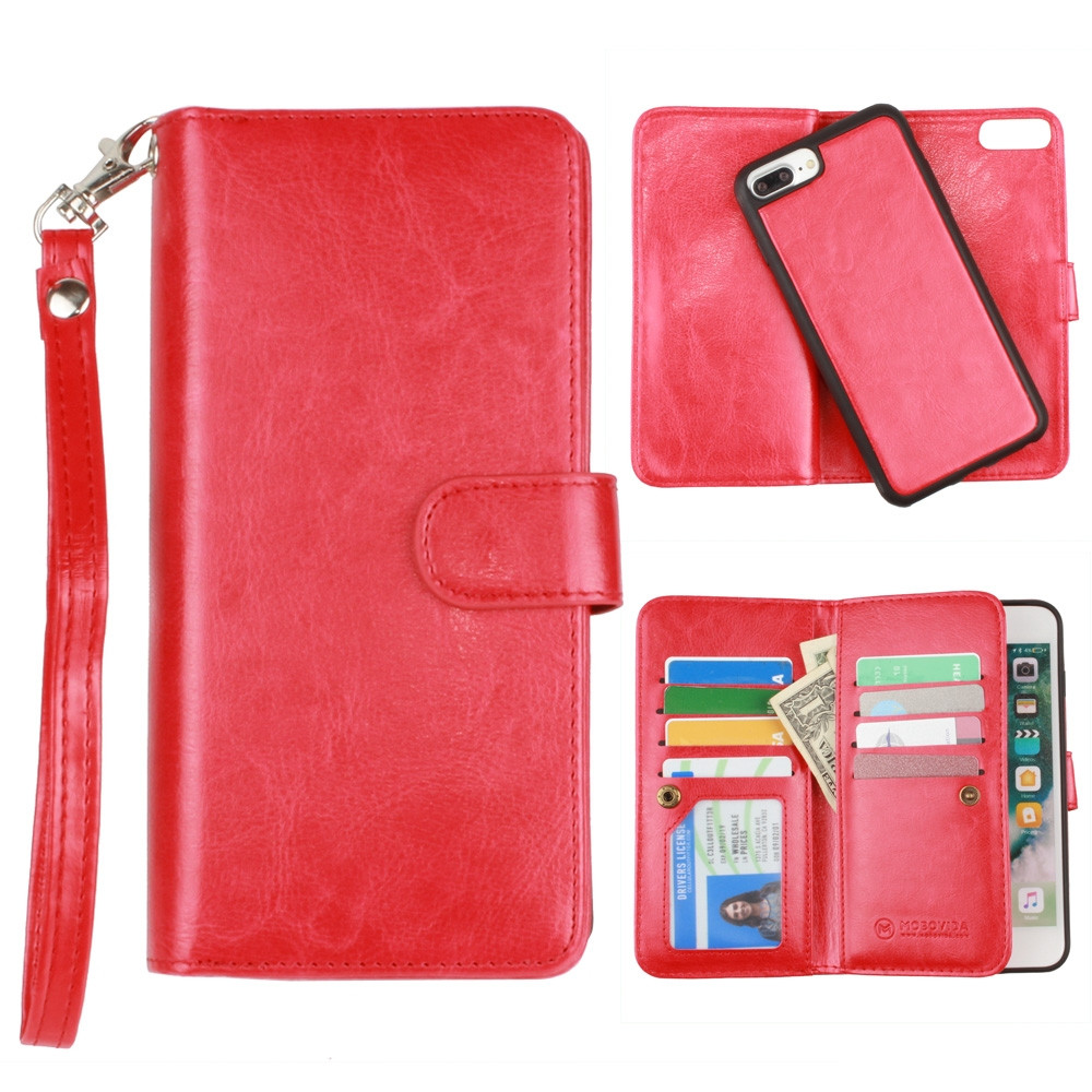 Apple iPhone 7 Plus -  Multi-Card Slot Wallet Case with Matching Detachable Case and Wristlet, Red