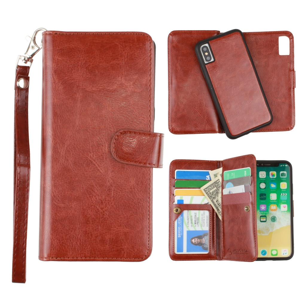 Apple iPhone X - Multi-Card Slot Wallet Case with Matching Detachable Case and Wristlet, Brown
