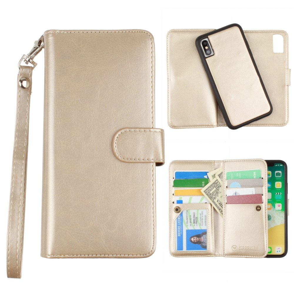 Apple iPhone X - Multi-Card Slot Wallet Case with Matching Detachable Case and Wristlet, Gold