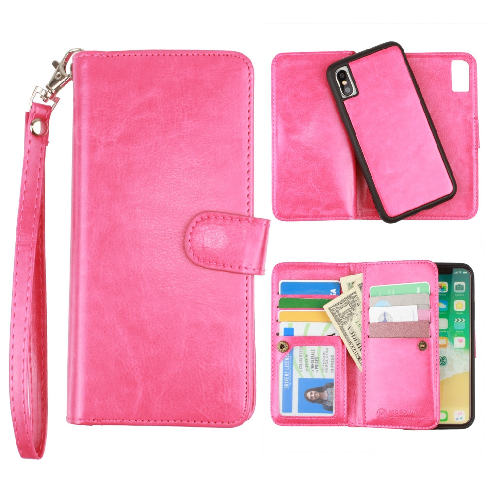 Apple iPhone X - Multi-Card Slot Wallet Case with Matching Detachable Case and Wristlet, Hot Pink