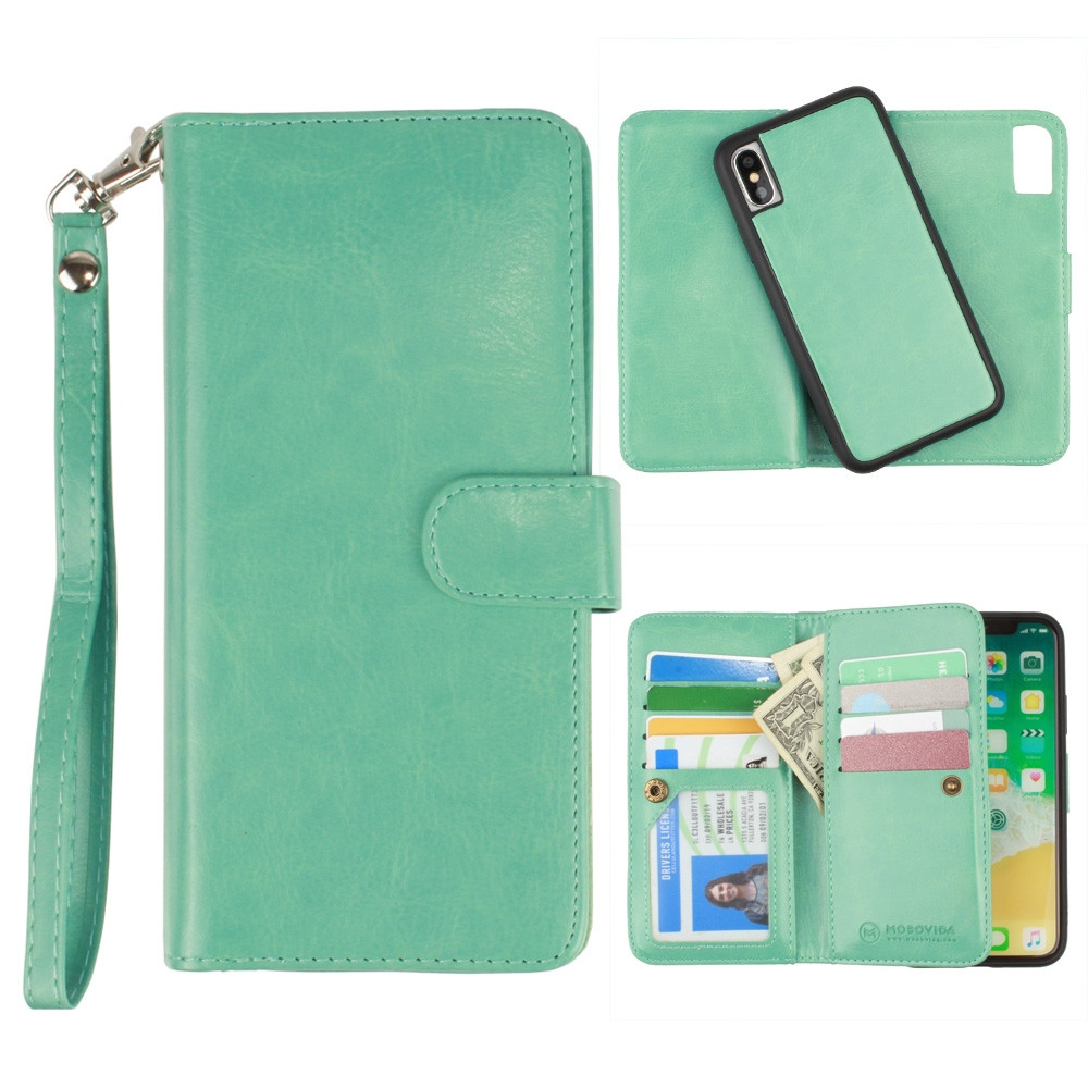 Apple iPhone X - Multi-Card Slot Wallet Case with Matching Detachable Case and Wristlet, Teal Blue