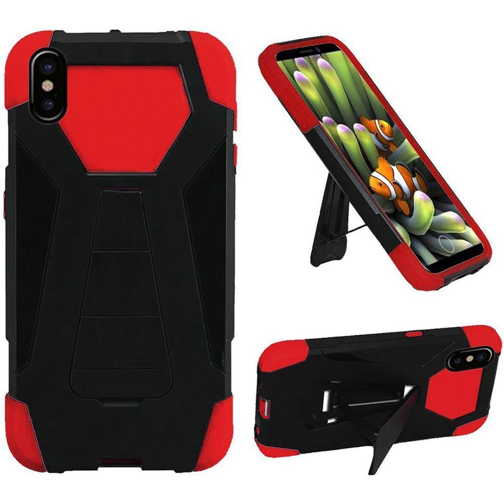 Apple iPhone X -  Mighty Dual Layer Rugged Case with Kickstand, Black/Red