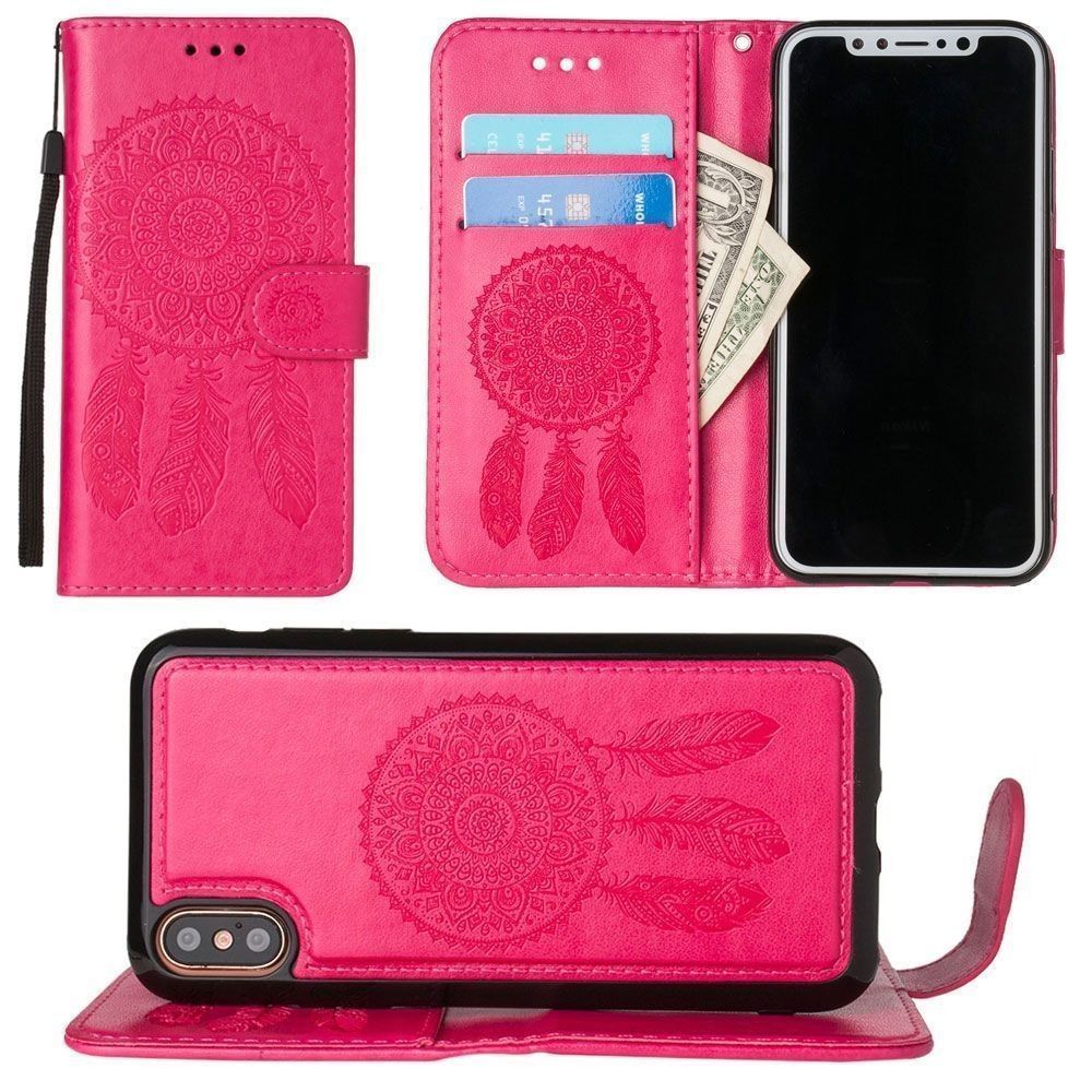 Apple iPhone X - Embossed Dream Catcher Design Wallet Case with Detachable Matching Case and Wristlet, Pink