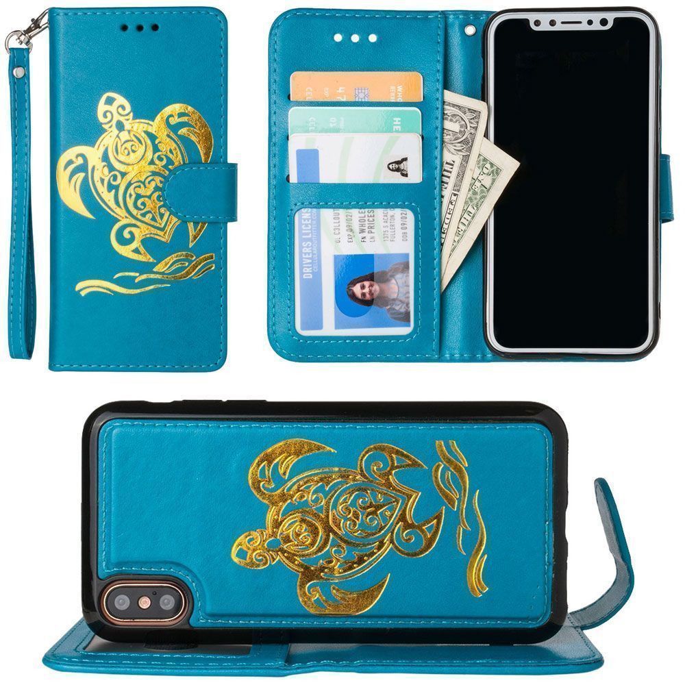 Apple iPhone X - Embossed Golden Sea Turtle Wallet with Detachable Matching Slim Case and Wristlet, Teal/Gold
