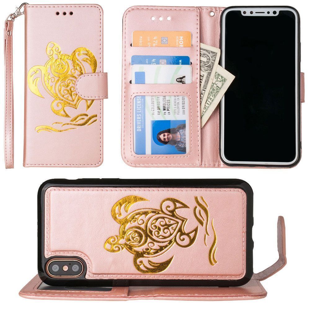 Apple iPhone X - Embossed Golden Sea Turtle Wallet with Detachable Matching Slim Case and Wristlet, Rose Gold/Gold