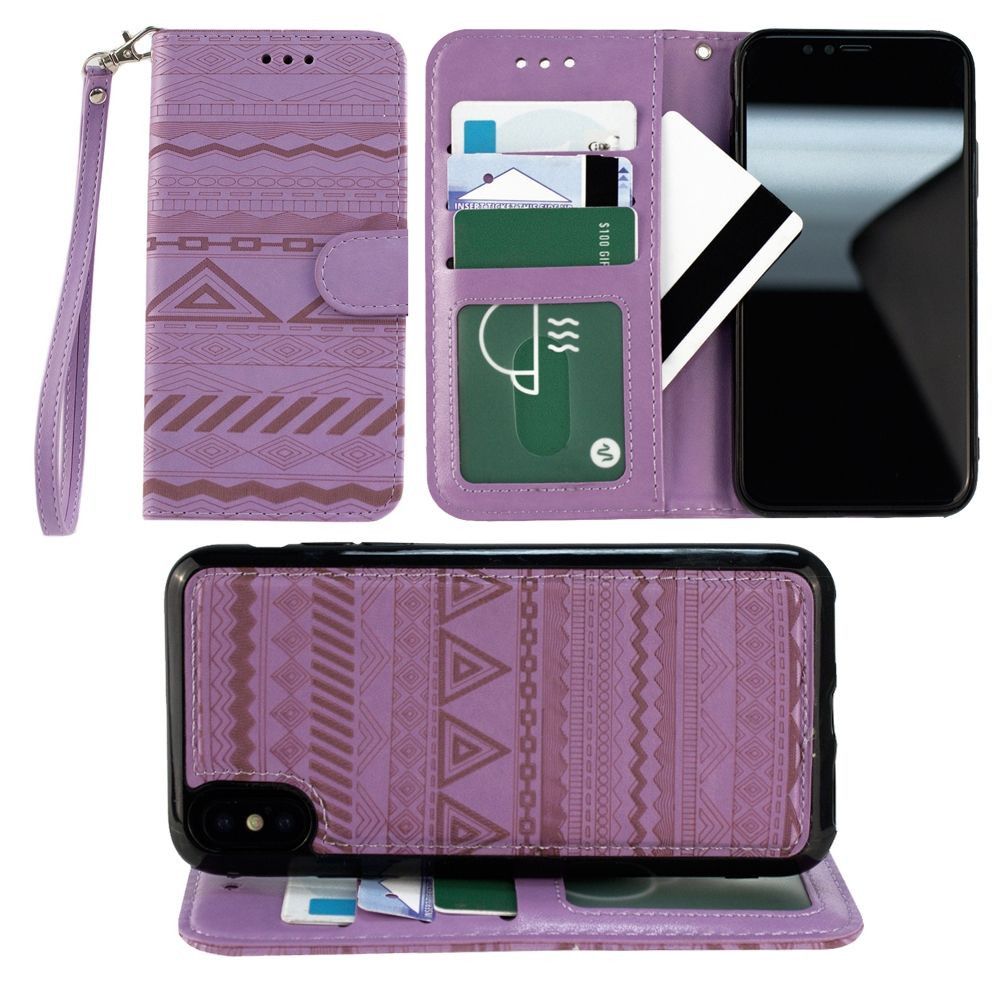 Apple iPhone X -  Aztec tribal laser-cut wallet with detachable matching slim case and wristlet, Lavender