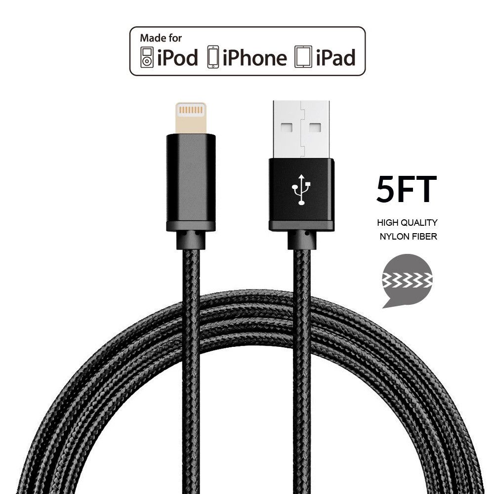 Apple iPhone 7 Plus -   Apple MFI Certified 8-Pin Lightning to USB Sync and Charge Heavy Duty Nylon Cable 5ft., Black